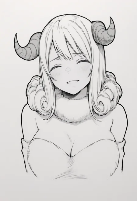 masterpiece, best quality, 1girl, solo, Ar1es, medium hair, hair curls, horns, white fur collar, fur dress, white dress, off-shoulder dress, bare shoulders, detached sleeves, fur sleeves, simple background, cropped torso, parted lips, greyscale, monochrome, lineart, sketch, graphite \(medium\), traditional media, head tilt, closed eyes, smile, :d, blush, three quarter view, portrait, <lora:ChamAriesNoob:1>