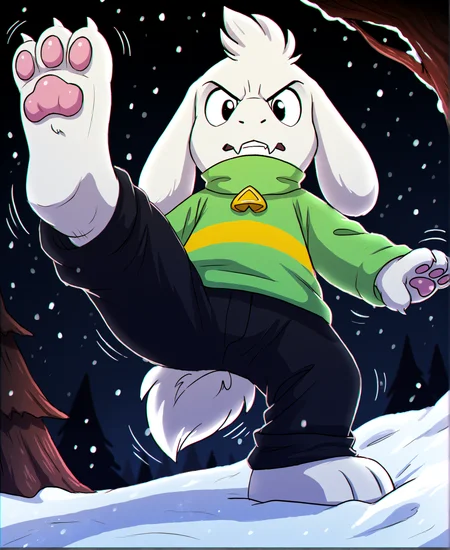<lora:AsrielPony-000040:1> Asriel Dreemurr, undertale, boss monster, young, black eyes
dark cave background, snow BREAK
flying kick, jump, angry eyes, low-angle view, 3 toes, looking down at viewer, feet, motion lines, close-up (chromatic aberration:1.3), BREAK
<lora:spo_sdxl_10ep_4k-data_lora_webui:1> score_7_up, perfect quality, best quality, detailed environment, clear composition, absurdres, very aesthetic, high resolution, newest (masterwork, masterpiece, hyper-detailed, 8k uhd), BREAK
(SuperQuality:1.0) ~ (SuperQuality:1.2)âââ
