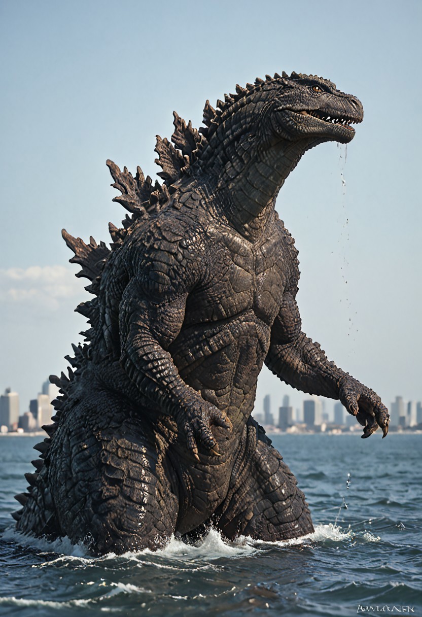 score_9, score_8_up, score_7_up, solo, portrait, from side, 1man, giant dinosaur reptilian monster Godzilla, spines, feral, realistic scales, detailed scale texture, solo, outdoors, out of the ocean, partially submerged, wading through the water, miniature city, building miniatures in the background, solo, full body, solo, extremely detailed, Macro detailed realism style photograph, 3DMM