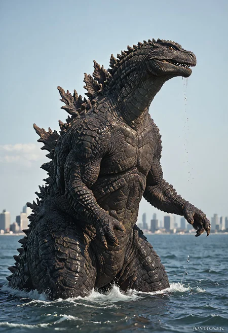 score_9, score_8_up, score_7_up, solo, portrait, from side, 1man, giant dinosaur reptilian monster Godzilla, spines, feral, realistic scales, detailed scale texture, solo, outdoors, out of the ocean, partially submerged, wading through the water, miniature city, building miniatures in the background, solo, full body, solo, extremely detailed, Macro detailed realism style photograph, 3DMM