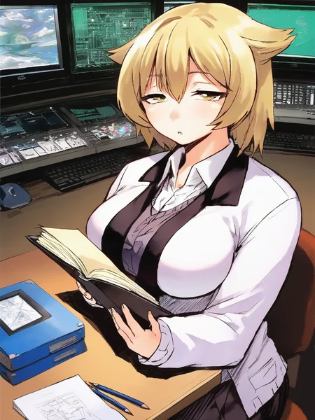 anime drawing of fuchibeppu chiyuri girl, masterpiece, best quality, girl in a lab coat studying protons in the hadron collider, blonde hair, <lora:fuchibeppu_safetensors:1>