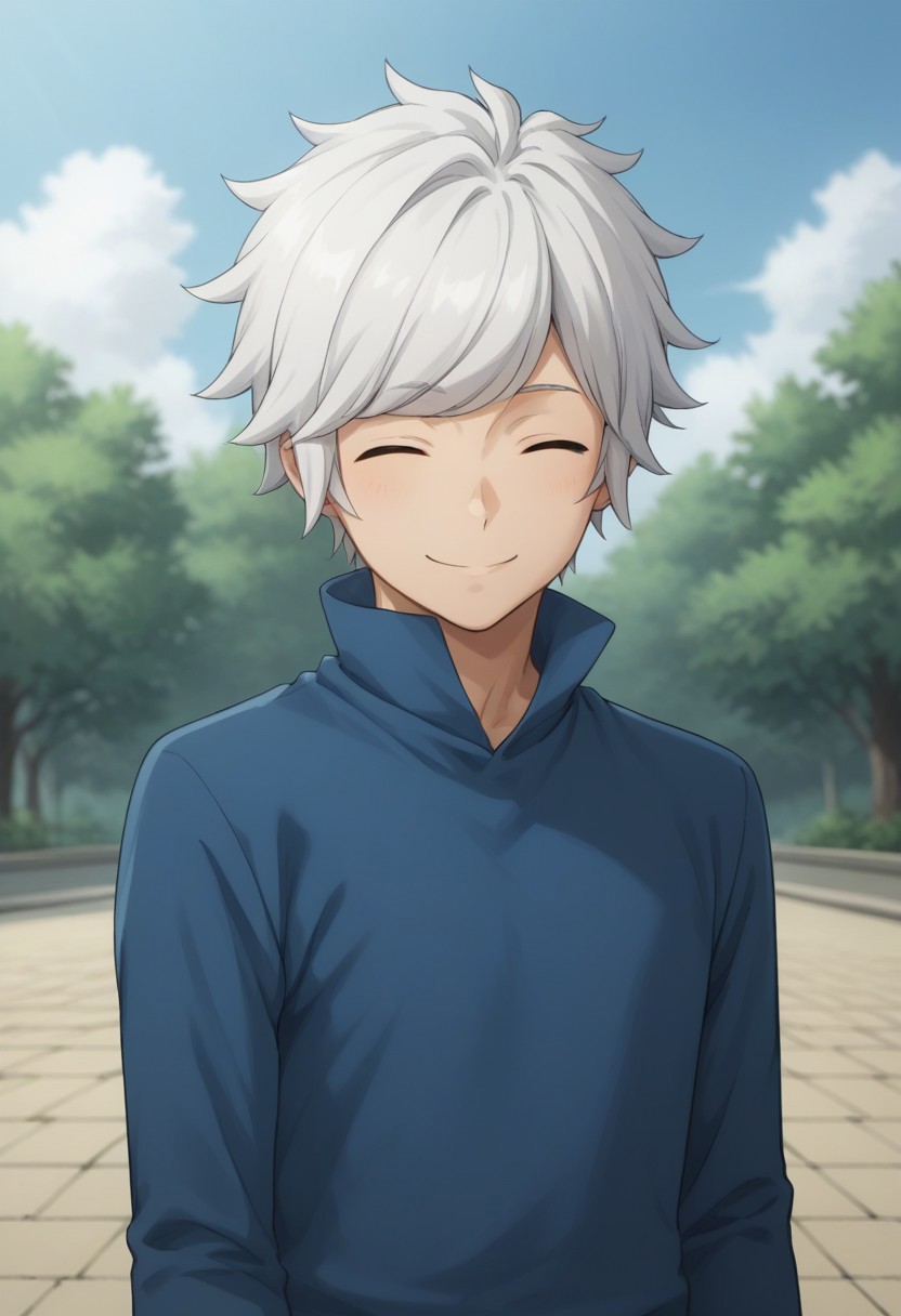 score_9, score_8_up, score_7_up, source_anime, highly detailed, 
belcranel,  1boy, male focus, solo, white hair, closed eyes, shirt, blue shirt, high collar, upper body, smile, 
outdoor,