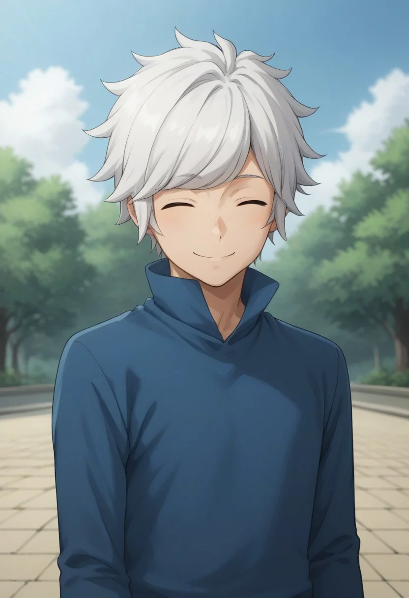 score_9, score_8_up, score_7_up, source_anime, highly detailed,
belcranel, 1boy, male focus, solo, white hair, closed eyes, shirt, blue shirt, high collar, upper body, smile,
outdoor,
