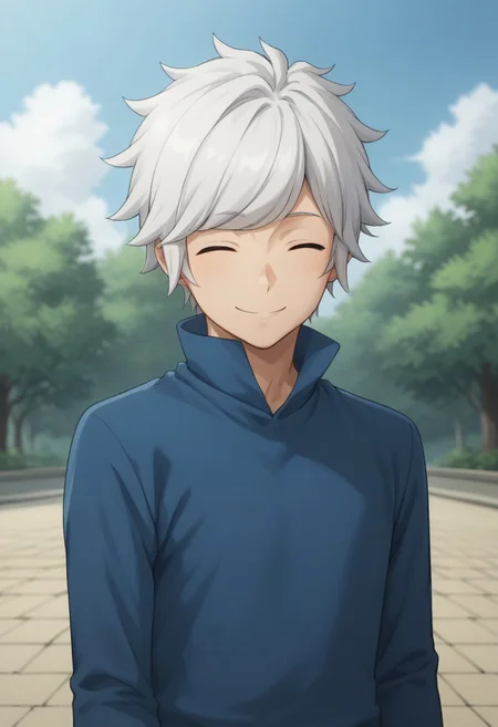 score_9, score_8_up, score_7_up, source_anime, highly detailed,
belcranel, 1boy, male focus, solo, white hair, closed eyes, shirt, blue shirt, high collar, upper body, smile,
outdoor,