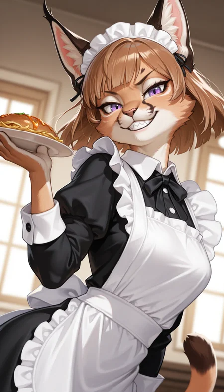1girl, furry, anthro, feline, solo, cat girl, caracal cat, brown hair, bob cut, hair flaps, wavy hair, purple eyes, tsurime, smirk, smug, grin, sharp teeth, v-shaped eyebrows, doyagao, french maid, maid headwear, holding plate with food on with one hand, hand on hip, looking at viewer, dutch angle, from below, upper body, face focus, long ears, twisty pose, floating hair, leaning forward, twisted torso, hip tilt, head tilt, BREAK, cinematic, eyes, detailed eyes, detailed hair, depth of field, detailed fluffy fur, photorealistic details, volumetric lighting