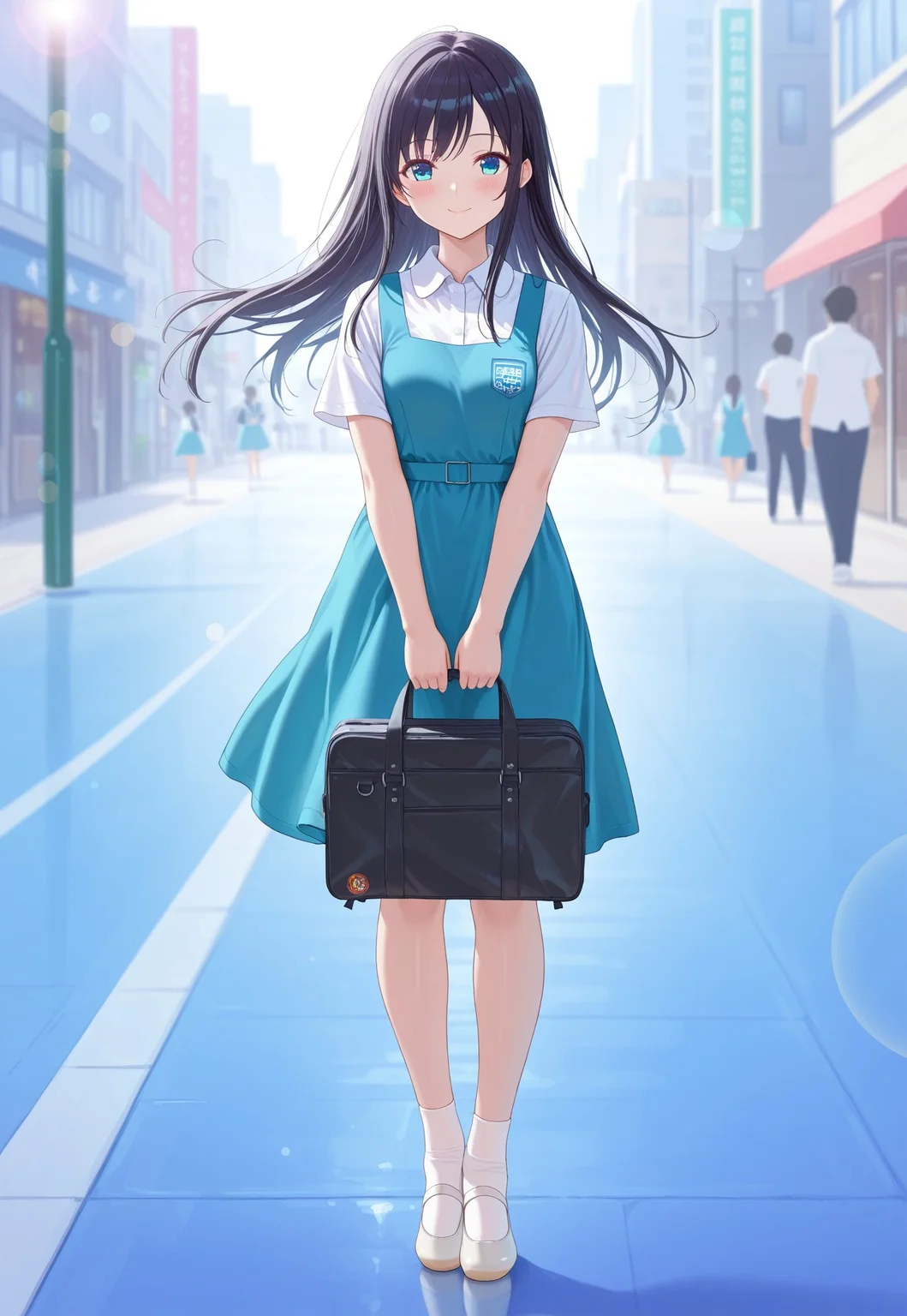 masterpiece, best quality,amazing quality,(1girl), solo,(depth of field),(solo focus),8K,HDR,(ultra high res),(highres),(full body),(lens flare),smile,blush,(black hair),(long hair),(blue eyes),(floating hair), sidelocks,(malaysian secondary school uniform),(pinafore dress),(aqua blue skirt),(blue pinafore),(collared shirt),(white shirt),(short sleeves),(white socks),(short socks),(white footwear),(ballet flat),(outdoor),(cityspace),(city),(street),(lampost),(standing),(looking at viewer),(holding school bag)