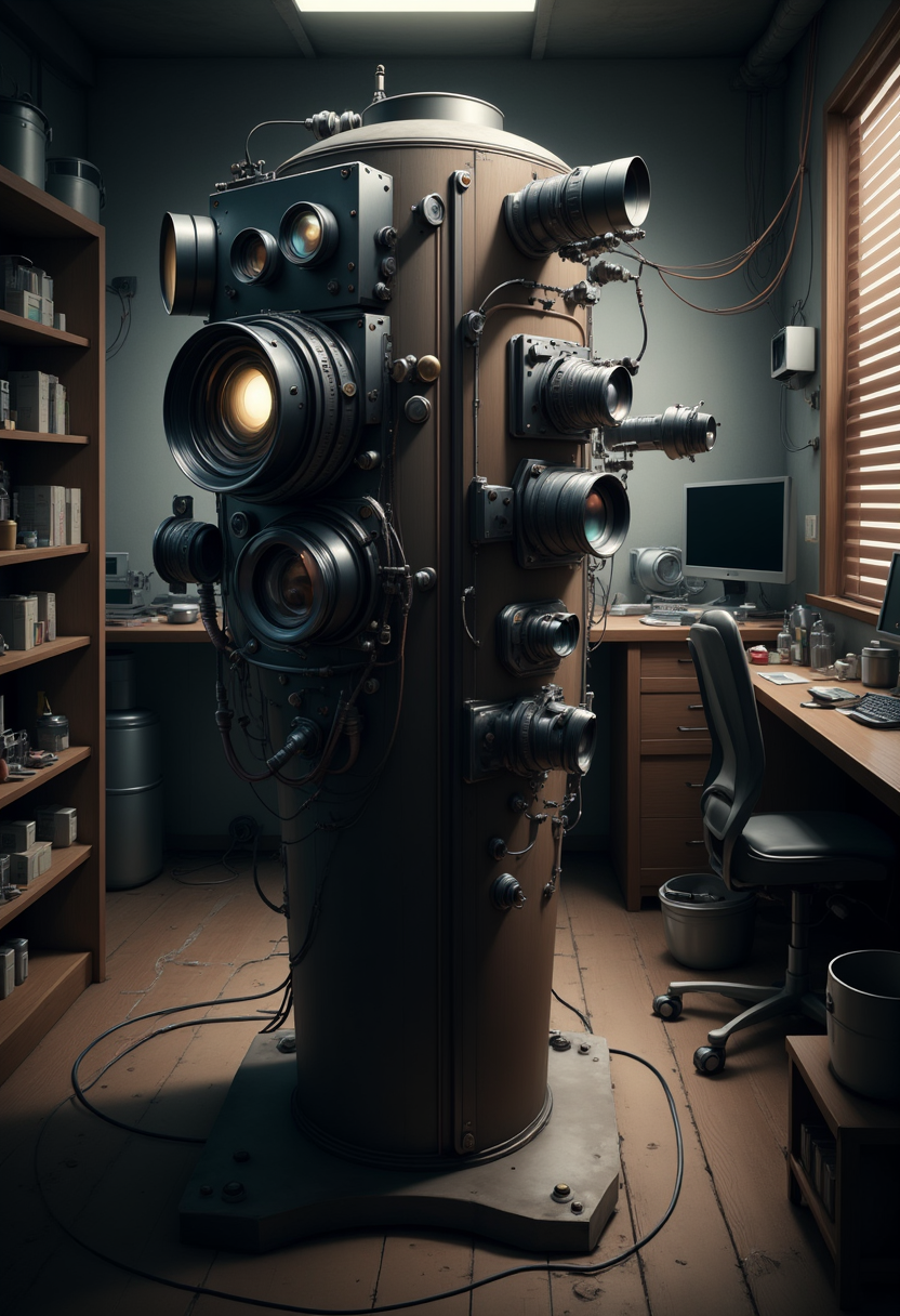 YFG-SpyWorld50s The image is a digital illustration of a futuristic-looking room with a large camera in the center. The camera is made of metal and has multiple lenses attached to it. The lenses are arranged in a circular pattern, with the largest lens at the top and the smallest at the bottom. The body of the camera is dark brown and appears to be made of wood or metal. The room is filled with various mechanical objects, including wires, cables, and other mechanical equipment. On the left side of the image, there is a wooden shelf with more mechanical objects on it, and on the right side, there are shelves with more equipment. In the background, there appears to have a window with blinds, and a desk with a computer monitor and other items. The overall atmosphere of the room is dark and mysterious.