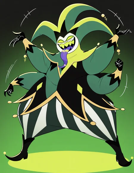 masterpiece, best quality, detailed, dynamic, expressive, solo, mammon, helluva boss, 1boy, male, plump, fat, obese, green theme, greenish white skin, greenish white body, monster, green headwear, jester hat, green eyes, green teeth, empty eyes, no pupils, 4 arms, multiple limbs, two sets of arms, 