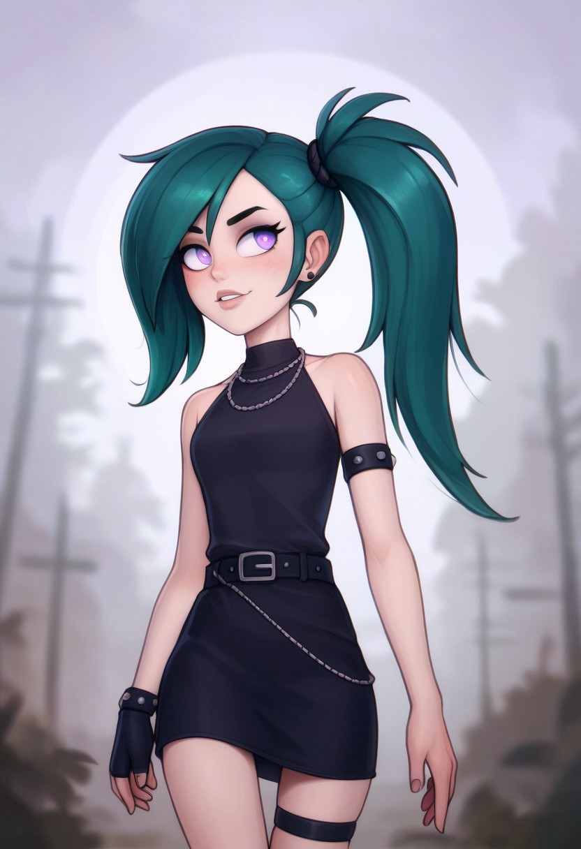 score_9, score_8_up, score_7_up, score_6_up, PRSNL_3_1, uncensored, pupils black dots, lips,
upper body, 
UbelSSnF
green hair, side ponytail, purple eyes
black dress, halterneck, sleeveless, short dress, black belt, armlet, arm strap, single glove, thigh strap