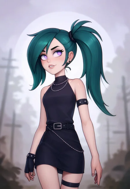score_9, score_8_up, score_7_up, score_6_up, PRSNL_3_1, uncensored, pupils black dots, lips,
upper body,
UbelSSnF
green hair, side ponytail, purple eyes
black dress, halterneck, sleeveless, short dress, black belt, armlet, arm strap, single glove, thigh strap