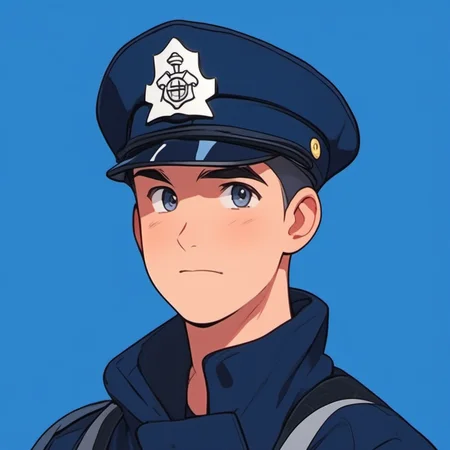 chillflat,handsome,1boy,(front view),(give a salute pose:1.5),fireman coat,piercing,very short hair,beret,gradient blue background,thinking,excited,