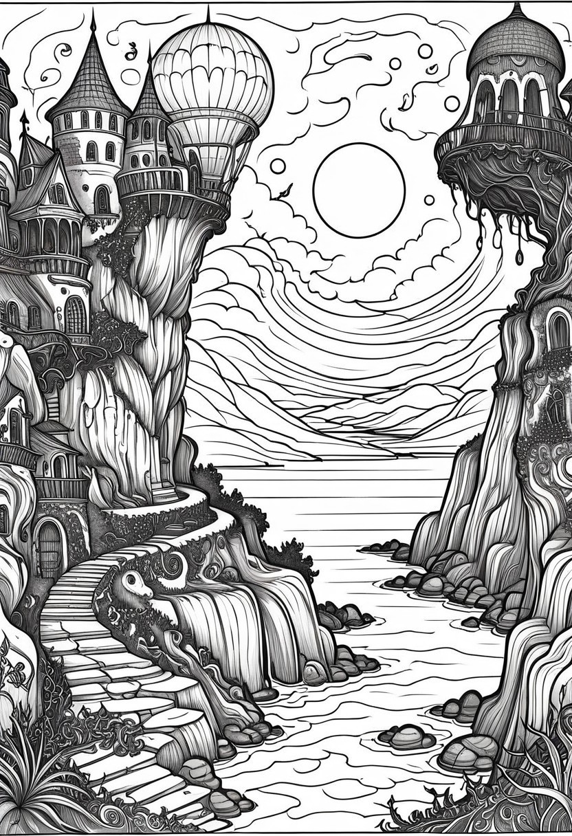 coloring page, style by Edward Lear, fantasy art,  dream world,  eerie atmosphere