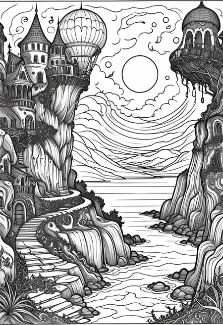 coloring page, style by Edward Lear, fantasy art, dream world, eerie atmosphere
