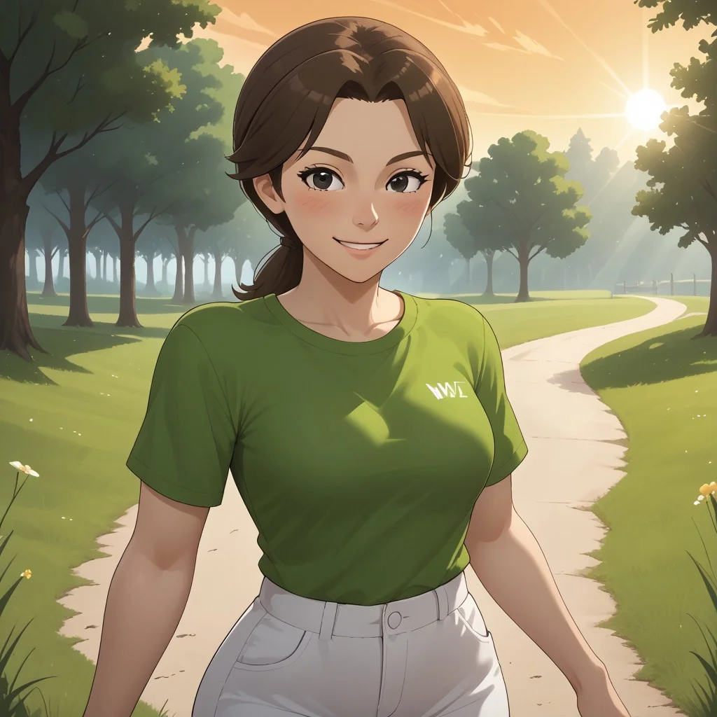 score_9, score_8, BREAK, solo, wii, mii, wii sports, 1girl, female mii, brown hair, brown eyebrows, black eyes, blush, light green clothing, white pants, shoes, breasts, nintendo mii, modern_mii, classic_mii, Masako_(Wii_Sports), cute, sexy pose, self portrait, smile, outdoors, sunlight, shadows, evening lighting, natural lighting, forest, trees, grass, orange sky, sunset