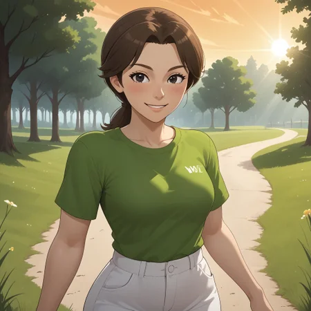 score_9, score_8, BREAK, solo, wii, mii, wii sports, 1girl, female mii, brown hair, brown eyebrows, black eyes, blush, light green clothing, white pants, shoes, breasts, nintendo mii, modern_mii, classic_mii, Masako_(Wii_Sports), cute, sexy pose, self portrait, smile, outdoors, sunlight, shadows, evening lighting, natural lighting, forest, trees, grass, orange sky, sunset