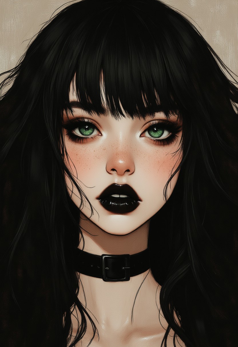 Goth girl with black long hair and straight bangs, black eye makeup and black lipstick, stunning green eyes, black collar around her neck, MoodyGirls