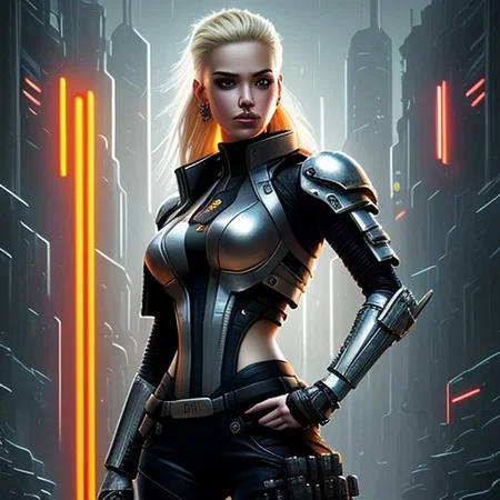 RAW photo, (masterpiece:1.3), subsurface scattering, heavy shadow, (high quality:1.4), (intricate, high detail:1.2), professional photography, HDR, High Dynamic Range, realistic, ultra realistic, photorealistic, high resolution, film photography, ambient lighting, atmospheric effects, OverallDetail:1.3,  1girl, symmetrical hair, armored shoulders, white armored bodysuit, black pants, blonde hair, long jacket, cyberpunk, cychar, earrings, eyelashes, hand on hip, holster, jacket, jewelry, lips, long hair, medium breasts, neon lights, silver eyes, outdoors, silver nails, ponytail science fiction, solo, tassel earrings, epiCPhoto