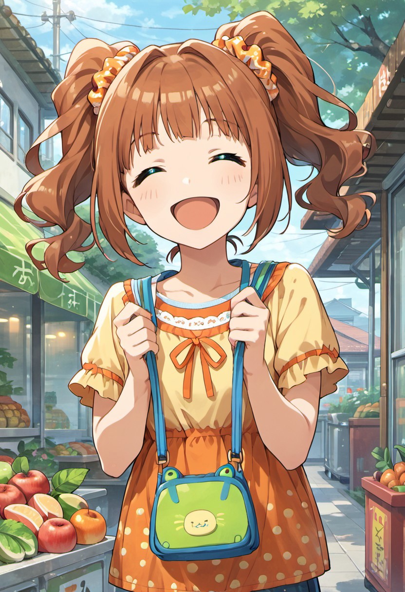 score_9, score_8_up, score_7_up, source_anime,takatsuki yayoi, reddish-brown hair, twintails, aqua eyes, 1girl, closed eyes, bag, smile, solo, open mouth, ^ ^, food, :d, scrunchie, fruit