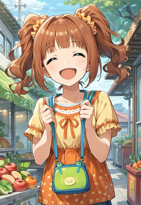 score_9, score_8_up, score_7_up, source_anime,takatsuki yayoi, reddish-brown hair, twintails, aqua eyes, 1girl, closed eyes, bag, smile, solo, open mouth, ^ ^, food, :d, scrunchie, fruit