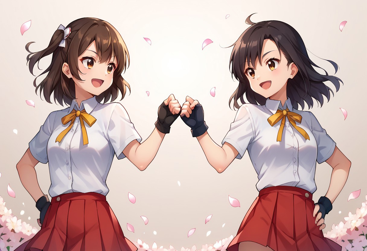 score_9, score_8_up, score_7_up, source_anime, highly detailed, 
multiple girls, 2girls, thighhighs, gloves, fingerless gloves, skirt, brown hair, ribbon, one side up, black gloves, open mouth, pleated skirt, red skirt,
smile, brown eyes, short hair, hair ribbon, long hair, looking at another, neck ribbon, hand on hip, zettai ryouiki, shirt, short sleeves, white shirt, black hair, petals, yellow ribbon, bangs, closed mouth, fistbump,
upper body,