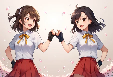 score_9, score_8_up, score_7_up, source_anime, highly detailed, 
multiple girls, 2girls, thighhighs, gloves, fingerless gloves, skirt, brown hair, ribbon, one side up, black gloves, open mouth, pleated skirt, red skirt,
smile, brown eyes, short hair, hair ribbon, long hair, looking at another, neck ribbon, hand on hip, zettai ryouiki, shirt, short sleeves, white shirt, black hair, petals, yellow ribbon, bangs, closed mouth, fistbump,
upper body,