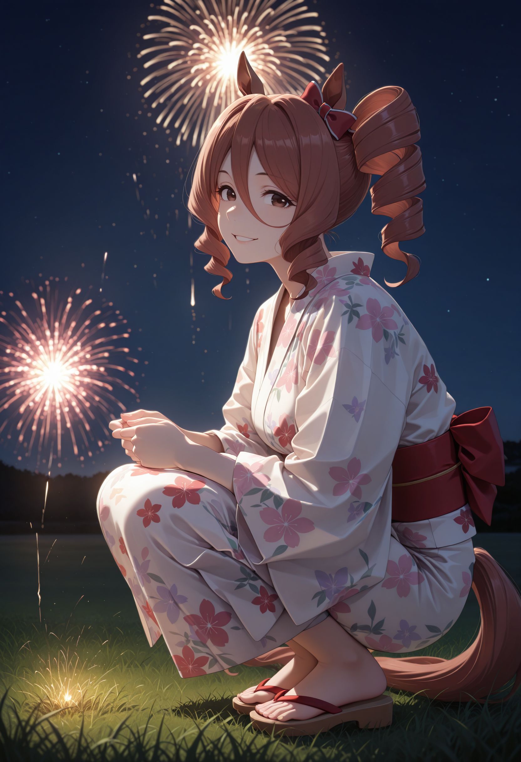 masterpiece, best quality, amazing quality, very awa,absurdres,newest,very aesthetic, looking at viewer, 
, <lora:Norn Ace illu:1> 1girl, brown hair, drill hair, side ponytail, brown eyes, animal ears, horse girl,horse tail,  hair bow, red bow, 
night, grass, squatting, yukata, japanese clothes, floral print, from side, smile, looking at viewer, sandals, firework,