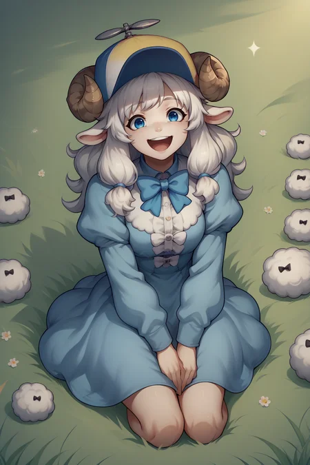 source_anime, score_9, score_8_up, 1girl, solo, <lora:NSHappyCap:1> NSHappyCap, wearing NSHappyCap, cap, blue eyes, sheep girl, sheep horns, happy, laughing, light blue dress, white hair, long hair, frills, bowtie, long sleeves, puffy sleeves, grass field, sitting on grass