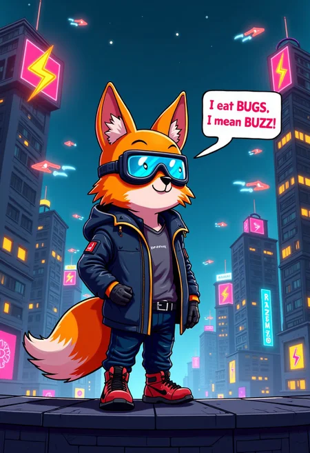 A cyberpunk fox boy in a futuristic cityscape, highrise, flying cars, neon signs with orange lightning symbol, night, dark, wearing goggles, blue eyes, orange fox ears, orange tail with white tip, in a proud posture, saying in a text bubble: "I eat BUGS. I mean BUZZ!"