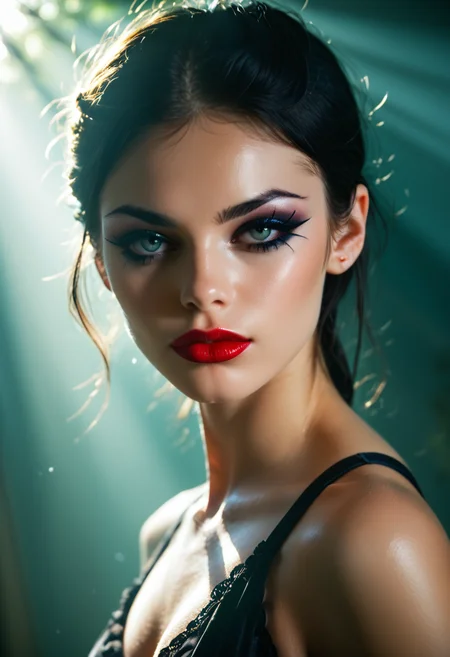 score_9, score_8_up, score_7_up, score_6_up, god rays, interesting background, unique background, dramatic light, dramatic pose, dramatic angle score_9, score_8_up, score_7_up, 1girl, beautiful young woman, black hair, goth makeup, eyeshadow, lipstick <lora:RealPrincess_v2_r1:0.8>