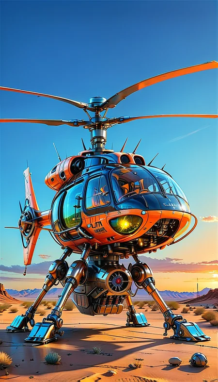 (cel-shading:2)+, (in ARTIST style:1.6), (masterpiece:1.7), glow blue neon, hyperrealism, glossy, shinny, clear image, accurate picture, clear picture, precise image, focused image, Science fiction style, Science fiction,
(mechanical Helicopter on mechanical legs), solo, outdoors, night, neon, glowing neon, sky, cloud, desert, mechanical Helicopter on mechanical legs focus, scenery, black paint,
gray paint, orange paint,
(ultra sharp focus:2),
<lora:Apparatus_-_Traction_City_Walkers_Vehicles:0.8>