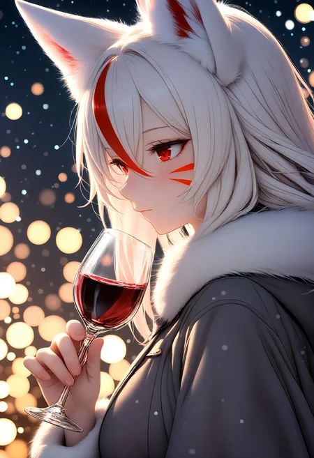 <lora:illustriousXL_stabilizer_v1.72:0.8>1girl,fox ears,red eyes,white hair,red hair,long hair,hair between eyes,closed mouth,multicolored hair,red whisker markings,fur trim,upper body,from side,holding wine glass,snowing,bokeh,masterpiece,best quality,