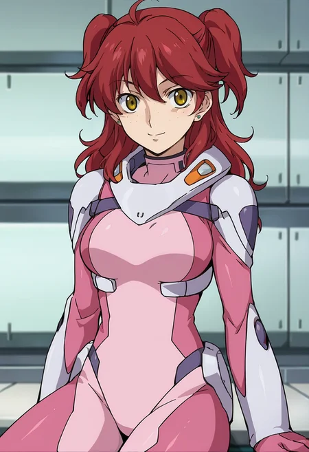 score_9,score_8_up,score_7_up,score_6_up,score_5_up,score_4_up,anime coloring BREAK source_anime,anime,<lora:Nena_Trinity_Gundam_00_Pony:0.8>,nena,1girl,solo,yellow eyes,red hair,two side up,(freckles),earrings,pink pilot suit,smile,sitting,spacecraft,looking at viewer,