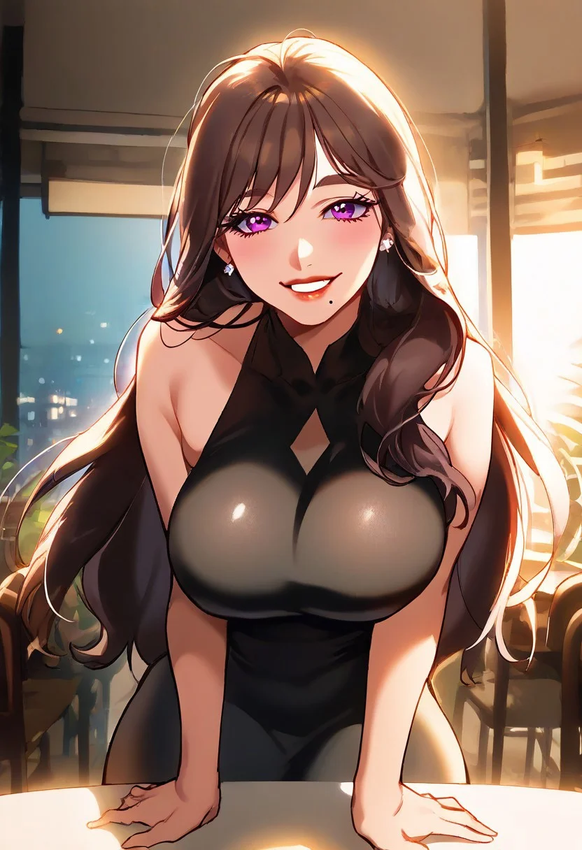 score_9, score_8_up, score_7_up, ASCII masterpiece, source_anime, BREAK, 1girl, solo, (( <lora:cho_ha-young:1> , cho_ha-young, thin waist, wide hips, beautiful skin, beautiful purple eyes, clear eyes, bright pupils, beautiful eyes, beautiful brown hair, beautiful long hair, bangs, huge and shaggy breasts, natural beauty, extraordinary beautiful woman, attractive woman, super sexy woman, lustful body, sexy woman with seductive obscene body, sensual body, voluptuous body, sexy beauty, no piercings, no piercing, (1mole under left lip,) , )), ((sexy erotic beautiful sleeveless cut-out black dress, obscene cleavage, huge cleavage, beautiful crystal earrings, )) , looking at viewer, uncensored, sexy pose, beautiful smile, indoor, restaurant, looking at viewer, horny, seductive, cute pose, cowboy shot, front