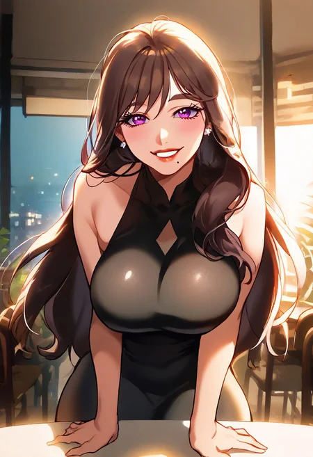score_9, score_8_up, score_7_up, ASCII masterpiece, source_anime, BREAK, 1girl, solo, (( <lora:cho_ha-young:1> , cho_ha-young, thin waist, wide hips, beautiful skin, beautiful purple eyes, clear eyes, bright pupils, beautiful eyes, beautiful brown hair, beautiful long hair, bangs, huge and shaggy breasts, natural beauty, extraordinary beautiful woman, attractive woman, super sexy woman, lustful body, sexy woman with seductive obscene body, sensual body, voluptuous body, sexy beauty, no piercings, no piercing, (1mole under left lip,) , )), ((sexy erotic beautiful sleeveless cut-out black dress, obscene cleavage, huge cleavage, beautiful crystal earrings, )) , looking at viewer, uncensored, sexy pose, beautiful smile, indoor, restaurant, looking at viewer, horny, seductive, cute pose, cowboy shot, front