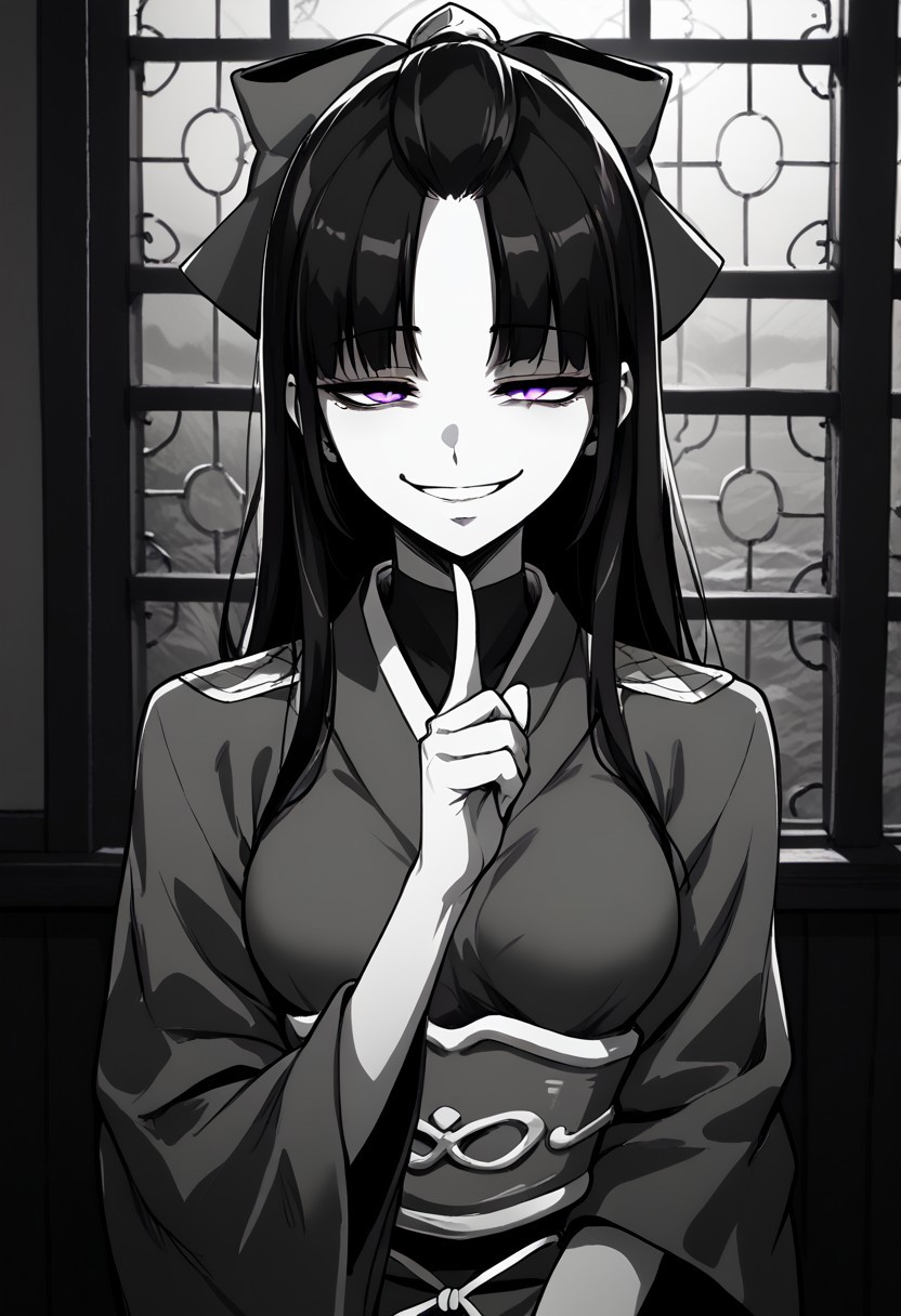 score_9, score_8_up, score_7_up, source_manga, 2d, masterpiece, best quality, (monochrome, greyscale, manga artstyle), SHIKOKU_(MATO_SEIHEI_NO_SLAVE),1girl, solo, long hair, breasts, smile, long sleeves, bow, closed mouth, purple eyes, upper body, hair bow, black hair, japanese clothes, kimono, snake, candle, (gesugao, parted lips, half closed eyes, smug, evil smile), indoors,, <lora:finger-to-cheek-ponyxl-lora-nochekaiser:1>, finger to cheek, index finger raised, pointing at self,, front view, looking at viewer,