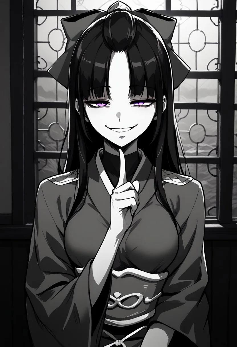 score_9, score_8_up, score_7_up, source_manga, 2d, masterpiece, best quality, (monochrome, greyscale, manga artstyle), SHIKOKU_(MATO_SEIHEI_NO_SLAVE),1girl, solo, long hair, breasts, smile, long sleeves, bow, closed mouth, purple eyes, upper body, hair bow, black hair, japanese clothes, kimono, snake, candle, (gesugao, parted lips, half closed eyes, smug, evil smile), indoors,, <lora:finger-to-cheek-ponyxl-lora-nochekaiser:1>, finger to cheek, index finger raised, pointing at self,, front view, looking at viewer,