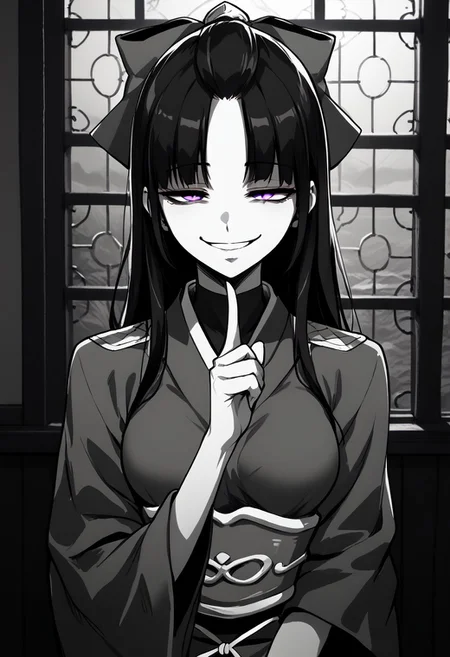 score_9, score_8_up, score_7_up, source_manga, 2d, masterpiece, best quality, (monochrome, greyscale, manga artstyle), SHIKOKU_(MATO_SEIHEI_NO_SLAVE),1girl, solo, long hair, breasts, smile, long sleeves, bow, closed mouth, purple eyes, upper body, hair bow, black hair, japanese clothes, kimono, snake, candle, (gesugao, parted lips, half closed eyes, smug, evil smile), indoors,, <lora:finger-to-cheek-ponyxl-lora-nochekaiser:1>, finger to cheek, index finger raised, pointing at self,, front view, looking at viewer,