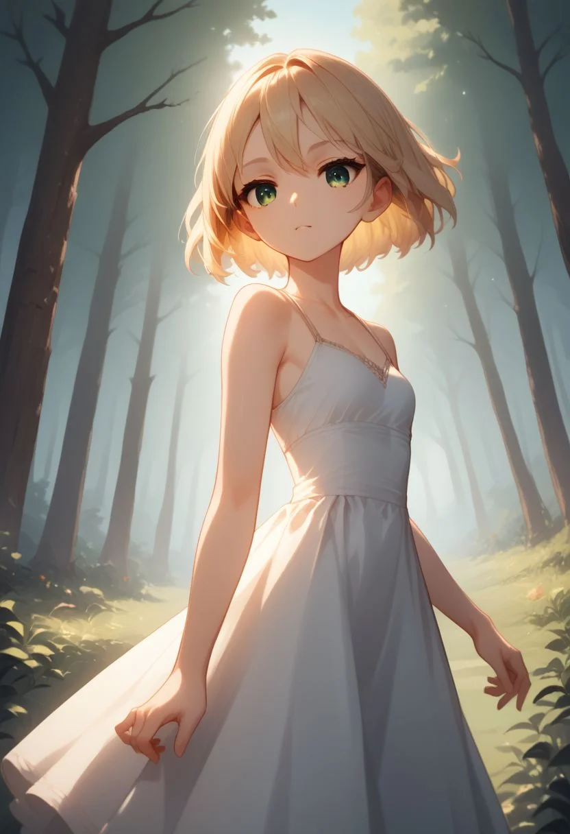 score_9, score_8_up, score_7_up, score_6_up, score_5_up, score_4_up, (forest setting)
1girl, blonde hair, green eyes, petite, Perfect Hands, perfect eyes, linen dress, (cinematography medium shot)