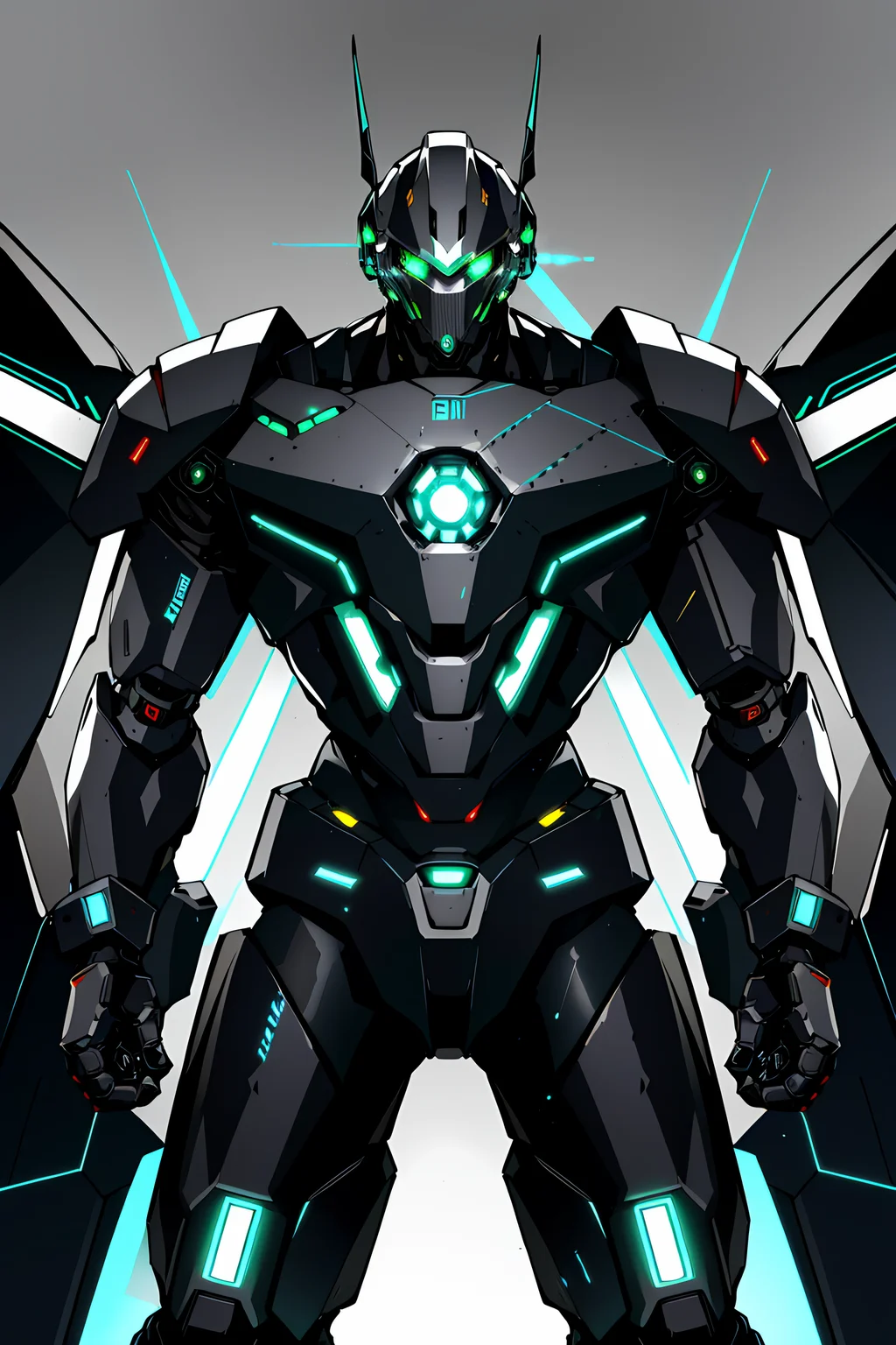 masterpiece, high quality, sharp focus, a robotic cyborg, chrome futuristic armor, many wires and circuits, menacing pose, glowing green eyes, gas mask, futuristic colorful neon fittings, night time, dim lighting, plain background, cold atmosphere, 8k, uhd, absurdres
