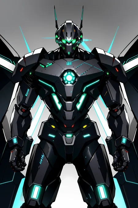 masterpiece, high quality, sharp focus, a robotic cyborg, chrome futuristic armor, many wires and circuits, menacing pose, glowing green eyes, gas mask, futuristic colorful neon fittings, night time, dim lighting, plain background, cold atmosphere, 8k, uhd, absurdres