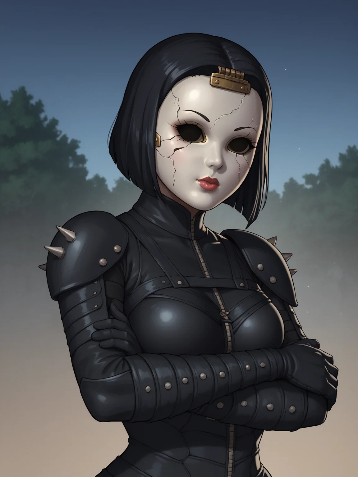 score_9, score_8_up, score_7_up, solo, BREAK, 1girl, upper body <lora:Dollface_Twisted_Metal_Black:1> black leather, porcelain mask, black hair, armor, looking at viewer, standing, arms crossed, outside, night