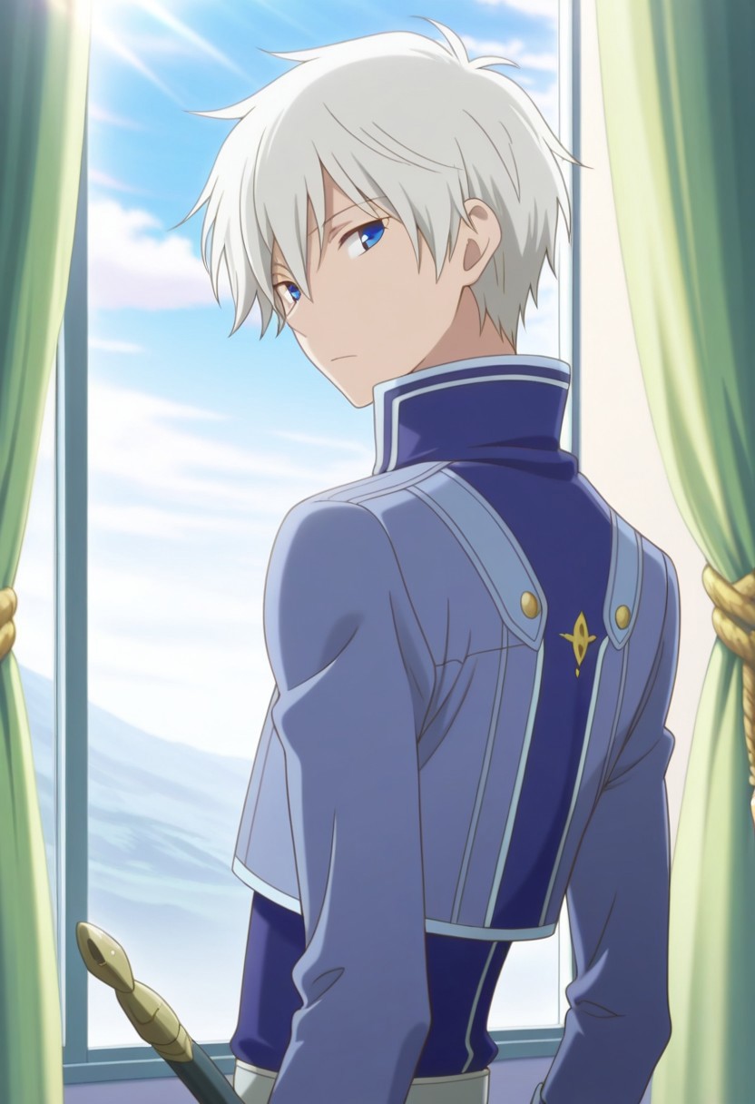 masterpiece,best quality,amazing quality, source_anime, 
ZenWistaria, 1boy, male focus, solo, blue eyes, white hair, sword, weapon, window, sky, curtains, looking at viewer, looking back, upper body, day, sheath, sheathed, jacket, blue jacket, high collar, long sleeves,