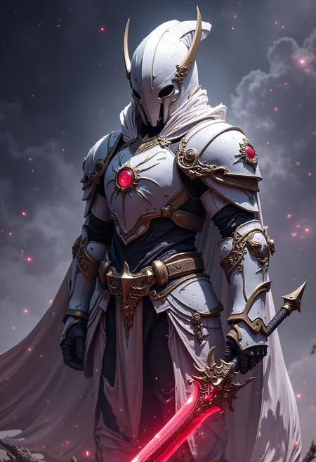 A alien knight wearing a white armor.
He is holding a giant red sword.
Universe background, FredFraiStyle