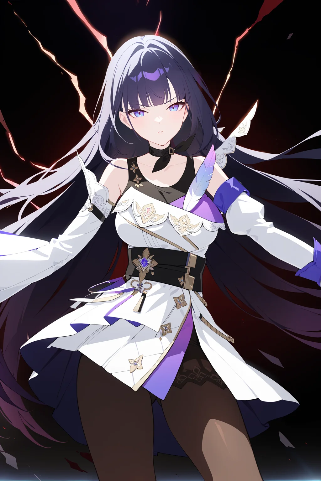 masterpiece, best quality, very aesthetic, ray tracing, newest,(hitenkei, askzy:0.5), 1girl, raiden mei, solo, pantyhose, single glove, layered dress, ribbon choker, tank top, detached sleeves, cowboy shot, blood splatter, red electricity, aura, looking at viewer, floating hair, glaring, midair, fighting stance   <lora:Char-Honkai-Raiden_Mei-XL-V1:0.9>