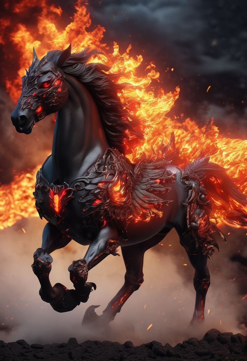 (((masterpiece))),(best quality),((ultra-detailed)),dark horse pegasus,wearing battle armor, on fire, flames, red glowing eyes, horns, at night , moonlight, lava background, ground on fire, 3d, 4k, octane render, hyperrealistic, cinematic lighting, masterpiece, high detail,