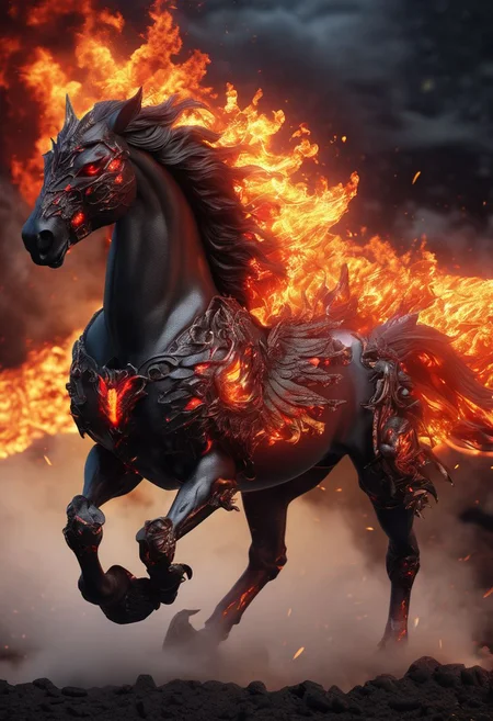 (((masterpiece))),(best quality),((ultra-detailed)),dark horse pegasus,wearing battle armor, on fire, flames, red glowing eyes, horns, at night , moonlight, lava background, ground on fire, 3d, 4k, octane render, hyperrealistic, cinematic lighting, masterpiece, high detail,
