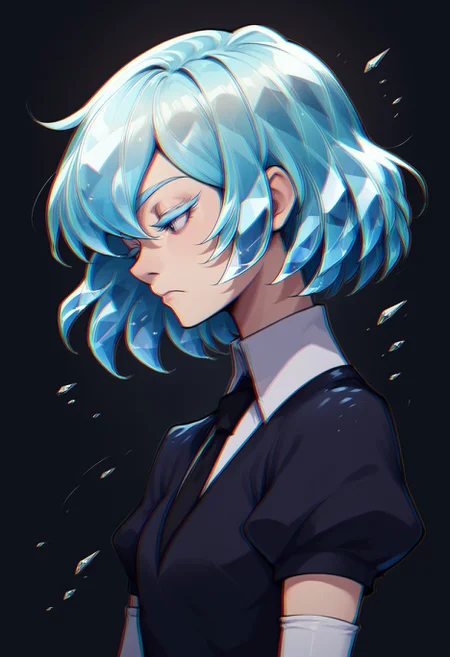 chromatic aberration ,hskdmnd, crystal hair, colored eyelashes, multicolored hair, short hair, black shirt, puffy short sleeves, collared shirt, black necktie, elbow gloves, white gloves, dark background, upper body, from side, head tilt, expressionless,
score_9,score_8_up,score_7_up,source_anime,
<lora:potat_chromatic_aberration_PDXL_v3:1> <lora:Hoseki_HousekiNoKuni_Diamond_PDXL_v1:0.8>