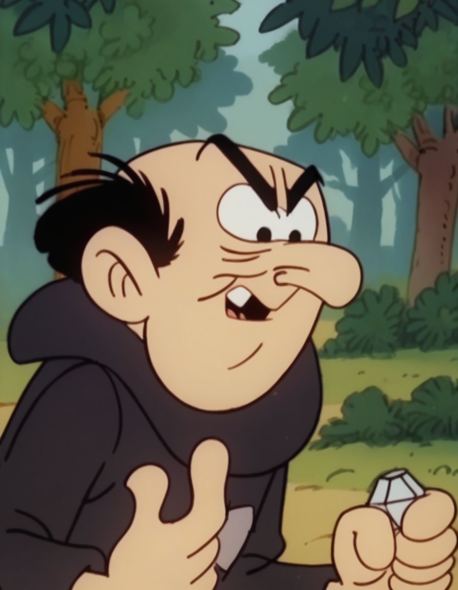 score_9, score_8_up, score_7_up, source_cartoon, masterpiece, best quality, cartoon,  <lora:Gargamel0:1>, Gargamel0, black hair, 1boy, solo, male focus, outdoors, forest, upper body, buck tooth,