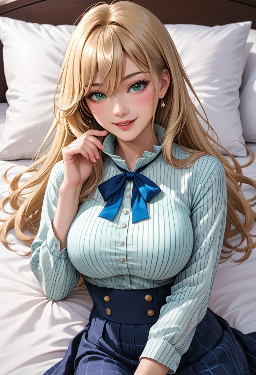 photorealistic, japanese girl, (1girl, long hair, large breasts, blush, smile, bangs, skirt, blonde hair, shirt, long sleeves, ribbon,  hair between eyes, green eyes, white shirt, pinstripe shirt,aqua eyes, (blue skirt), blue ribbon, (long skirt)), large breast, lying on bed, hand up, pillow, bedroom, flower pattern on bed sheet, sexy pose, seductive smile, negative hand, Fix hand, looking at viewer,