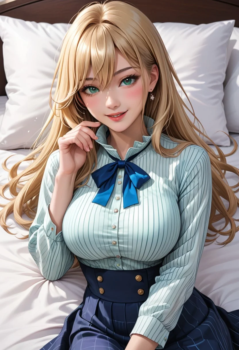 photorealistic, japanese girl, (1girl, long hair, large breasts, blush, smile, bangs, skirt, blonde hair, shirt, long sleeves, ribbon, hair between eyes, green eyes, white shirt, pinstripe shirt,aqua eyes, (blue skirt), blue ribbon, (long skirt)), large breast, lying on bed, hand up, pillow, bedroom, flower pattern on bed sheet, sexy pose, seductive smile, negative hand, Fix hand, looking at viewer,